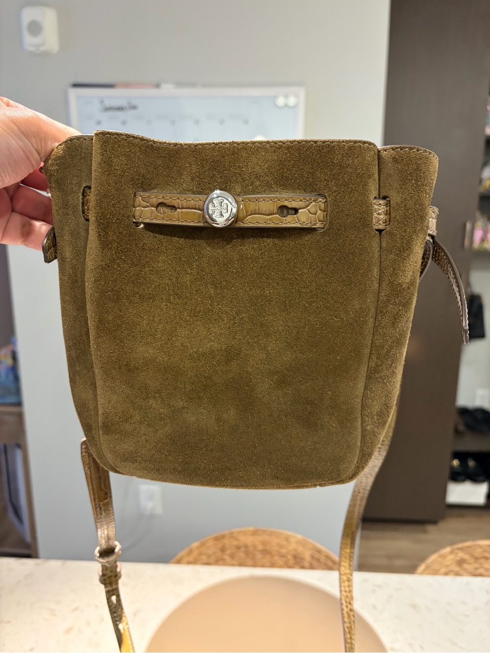 Tory Burch Olive Suede Crossbody with Croc-Trim Strap